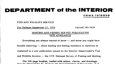 Hunting and Fishing Survey Publication Now Available September 27, 1972