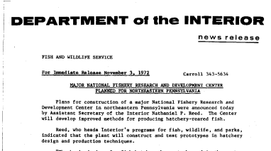 Major National Fishery Research and Development Center Planned for Northeastern Pennsylvania November 3, 1972