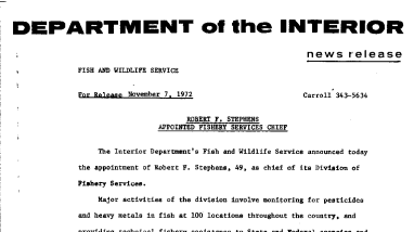 Robert F. Stephens Appointed Fishery Services Chief November 7, 1972