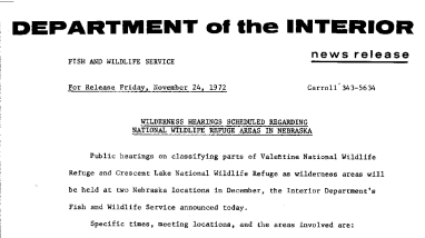 Wilderness Hearings Scheduled Regarding National Wildlife Refuge Areas in Nebraska November 24, 1972