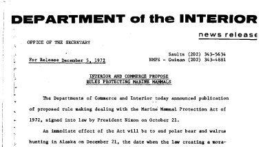 Interior and Commerce Propose Rules Protecting Marine Mammals December 5, 1972