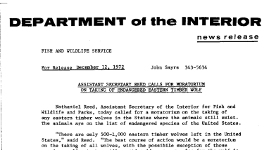 Assistant Secretary Reed Calls for Moratorium on Taking of Endangered Eastern Timber Wolf December 12, 1972