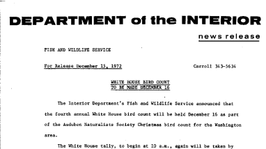 White House Bird Count to Be Made December 16 December 15, 1972