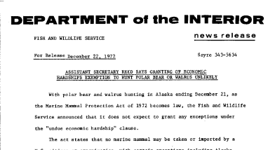 Assistant Secretary Reed Says Granting of Economic Hardships Exemption to Hunt Polar Bear or Walrus Unlikely December 22, 1972