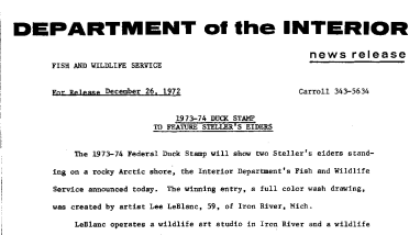 1973-74 Duck Stamp to Fearure Steller's Elders Decmeber 26, 1972