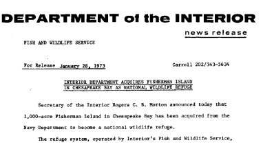 Interior Department Acquires Fisherman Island in Chesapeake Bay as National Wildlife Refuge January 28, 1973