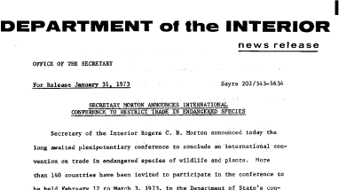 Secretary Morton Announces International Conference to Restrict Trade in Endangered Species January 31, 1973