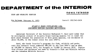 Atlantic Brant Propulations Low; Continued Hunting Closures Anticipated February 8, 1973