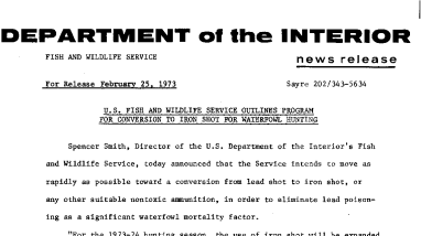 U.S. Fish and Wildlife Service Outlines Program for Conversion to Iron Shot for Waterfowl Hunting February 25, 1973