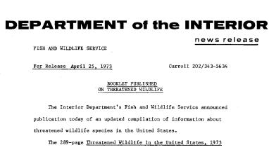 Booklet Published on Threatened Wildlife April 25, 1973