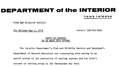 Study of Ospreys to Be Made This Spring May 2, 1973