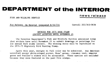 Entries for 1974 Duck Stamp Contest Accepted Until November 15 August 14, 1973