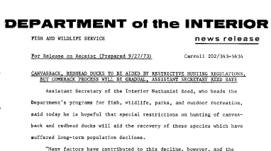 Canvasback, Redhead Ducks to Be Aided by Restrictive Hunting Regulations, but Comeback Process Will Be Gradual, Assistant Secretary Reed Says September 27, 1973