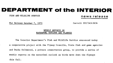 Weekly Reports on Waterfowl Outlook Are Planned October 7, 1973