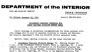 Wilderness Hearings Scheduled for Three National Wildlife Refuge Areas December 23, 1973