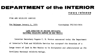 Land Donation to Become Sevilleta National Wildlife Refuge in New Mexico January 4, 1974