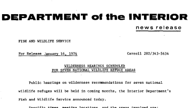 Wilderness Hearings Scheduled for Seven National Wildlife Refuge Areas January 16, 1974