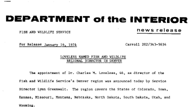 Loveless Named Fish and Wildlife Regional Director in Denver January 16, 1974