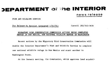 Migratory Bird Conservation Commission Actions Being Completed Refuge in New Mexico, New National Wildlife Refuge in Washington January 31, 1974