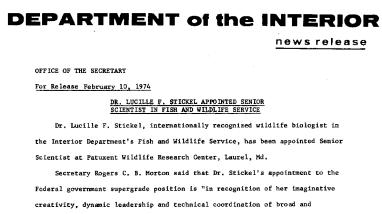 Dr. Lucille F. Sticrel Appointed Senior Scientist in Fish and Wildlife Service February 10, 1974