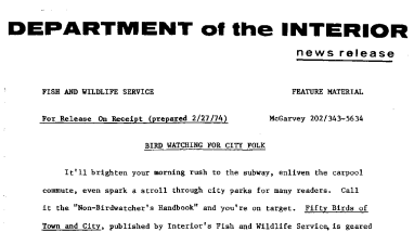 Bird Watching for City Folk Febraury 27, 1974