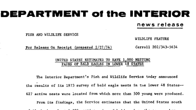 United States Estimated to Have 1,000 Nesting Pairs of Bald Eagles February 27, 1974