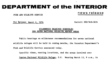Wilderness Hearings Scheduled for Seven National Wildlife Refuge Areas March 6, 1974