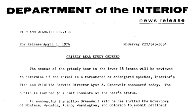 Grizzly Bear Study Ordered April 1, 1974