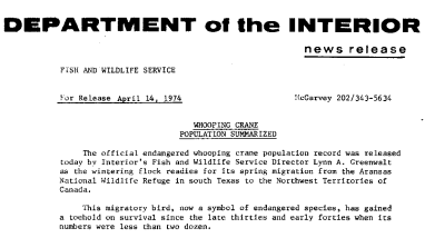 Whooping Crane Population Summarized April 14, 1974