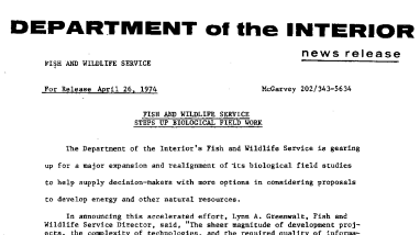 Fish and Wildlife Service Steps up Biological Field Work April 26, 1974