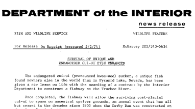 Survival of Unique and Endangered Cui-Ui Fish Enhanced May 2, 1974