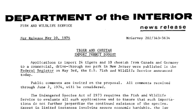 Tiger and Cheetae Import Permit Sought May 10, 1974