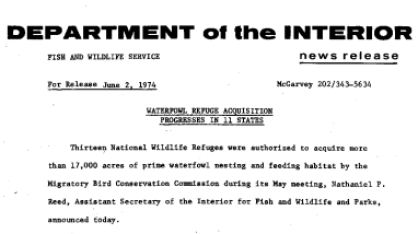 Waterfowl Refuge Acquisition Progresses in 11 States June 2, 1974