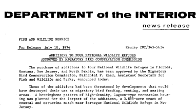 Additions to Four National Wildlife Refuges Approved by Migratory Bird Conservation Commission July 10, 1974