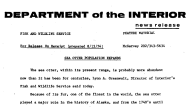 Sea Otter Population Expands August 15, 1974