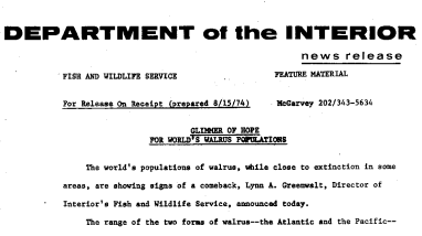 Glimmer of Hope for World's Walrus Population August 15, 1974