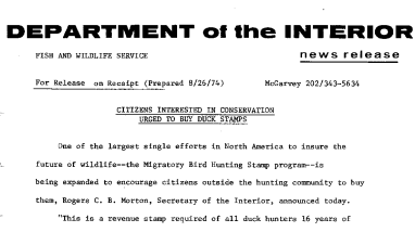 Citizens Interested in Conservation Urged to Buy Duck Stamps August 26, 1974