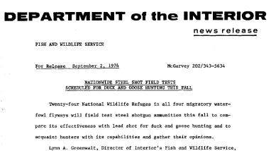 Nationwide Steel Shot Field Tests Scheduled for Duck and Goose Hunting This Fall September 2, 1974