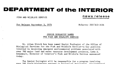 Senior Ecologist Named for Fish and Wildlife Service September 3, 1974