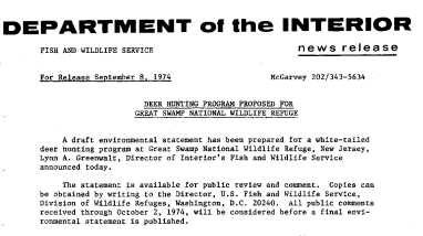 Deer Hunting Program Proposed for Great Swamp National Wildlife Refuge September 8, 1974