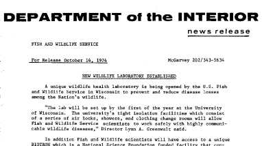 New Wildlife Laboratory Established October 14, 1974