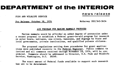 Aid Program for Marine Mammals Proposed October 18, 1974