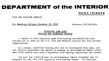 Migratory Game Bird Hunting Ban Courtcase Settled November 20, 1974