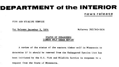 Status of Endangered Timber Wold Under Review December 3, 1974