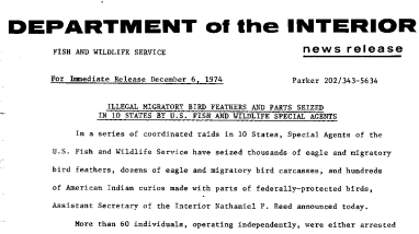 Illegal Migratory Bird Feathrs and Parts Seized in 10 States by U.S. Fish and Wildlife Special Agents December 6, 1974