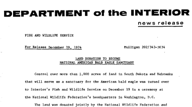 Land Donation to Become National American Bald Eagle Sanctuary December 19, 1974