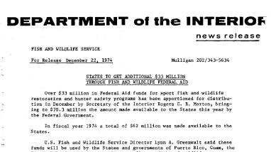 States to Get Additional $33 Million Through Fish and Wildlife Federal Aid December 22, 1974