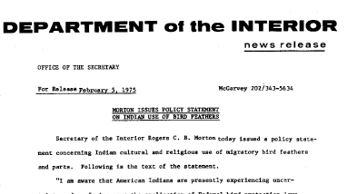 Morton Issues Policy Statement on Indian Use of Bird Feathers February 5, 1975