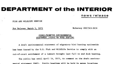 Court-Prompted Environmental Statement Issued on Bird Hunting March 1, 1975