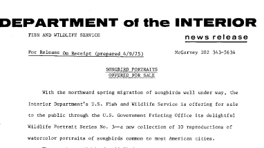 Songbird Portraits Offered for Sale April 9, 1975